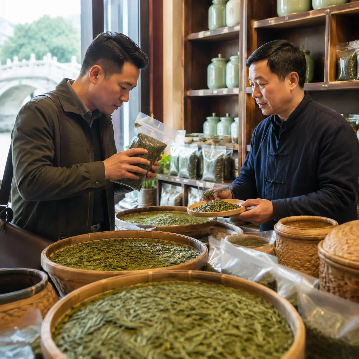 A traveler inspects sealed Longjing tea packages and loose green leaves inside a traditional tea shop in Hangzhou.