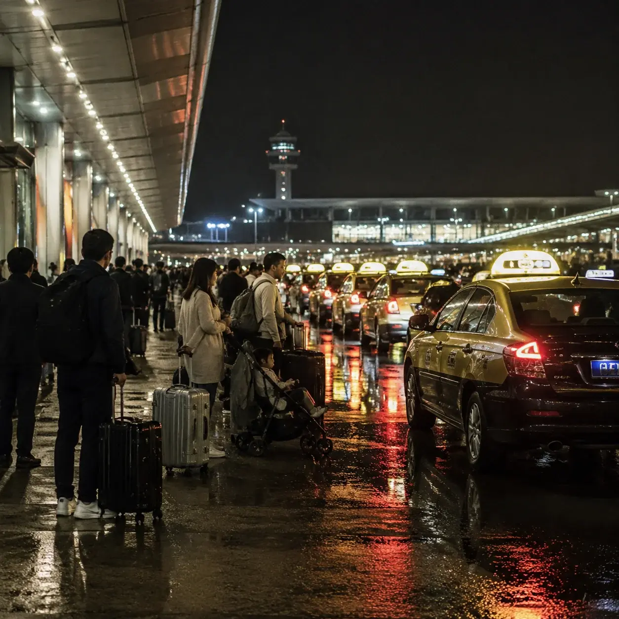 Travelers with suitcases and a stroller waiting at the taxi stand outside Pudong Airport at night.