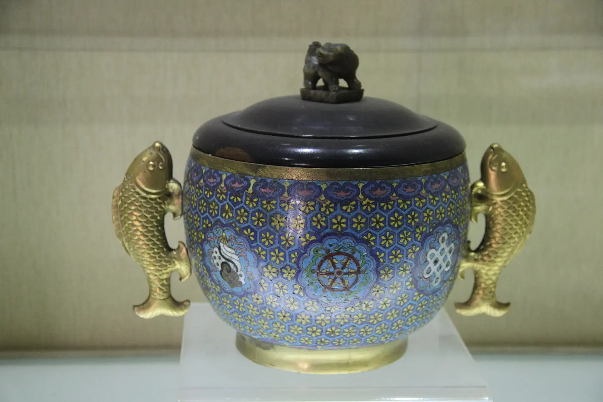 A Qing cloisonné jar, wire cells filled with blue enamel