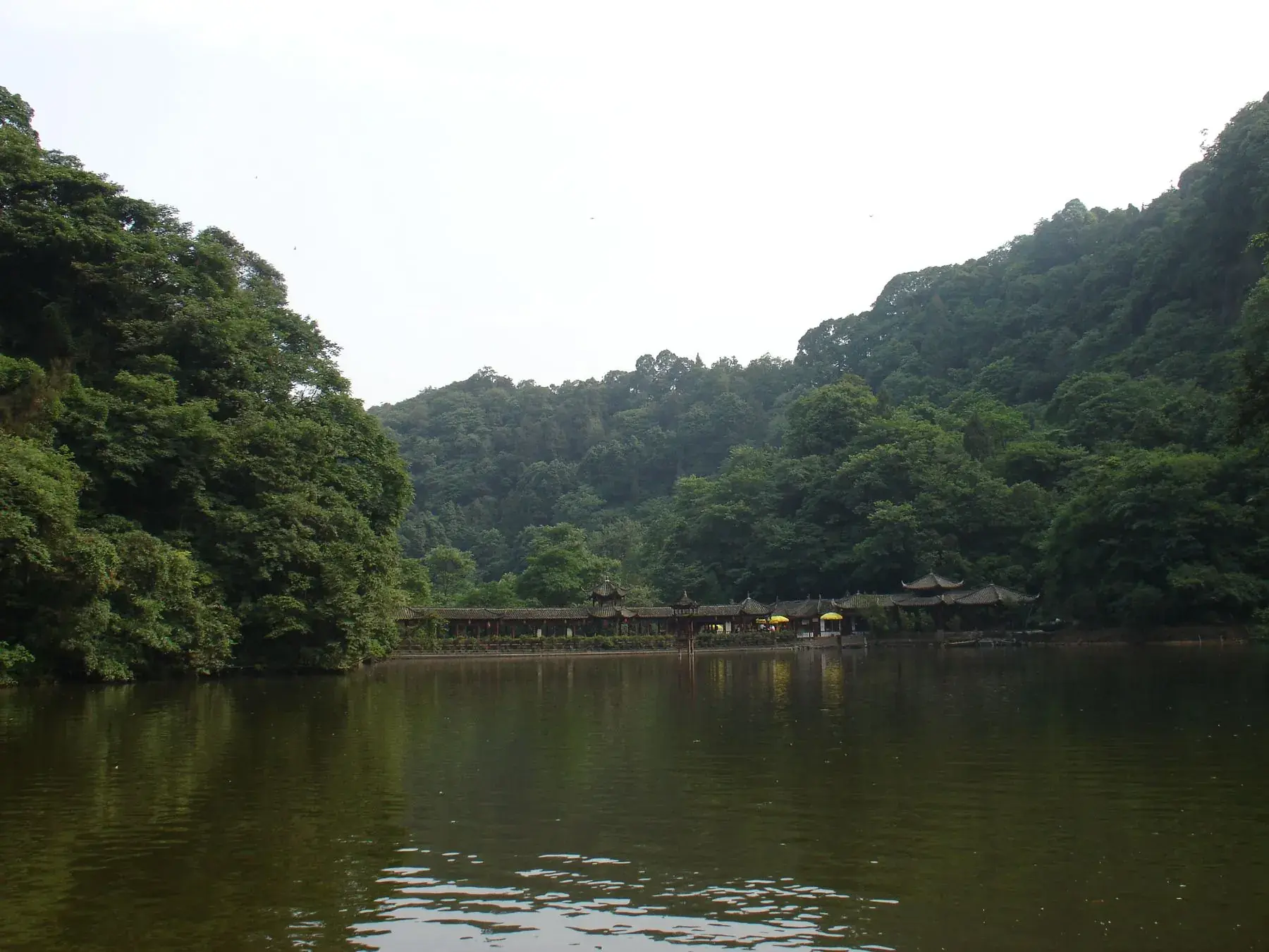 Forested hills above the water on the quiet side of the mountain