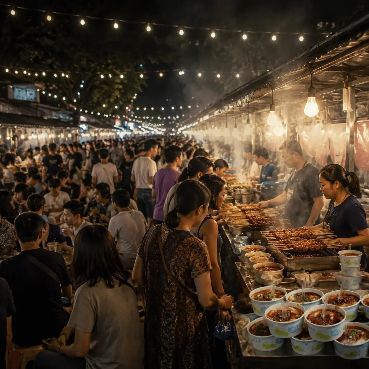 A busy Chengdu night market in the evening