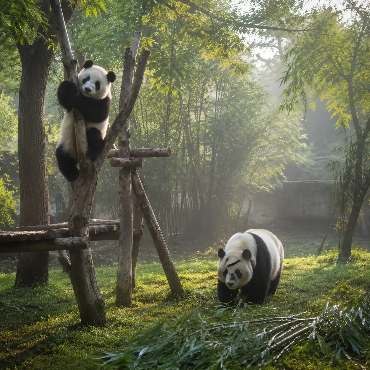 Giant pandas climbing and moving around a leafy enclosure at the Chengdu panda base in early morning light