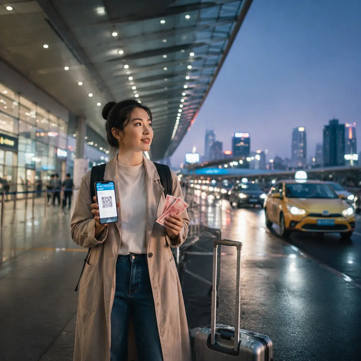 A traveler outside a Chinese airport at dusk holds a smartphone and a small amount of yuan beside a suitcase near the taxi stand.