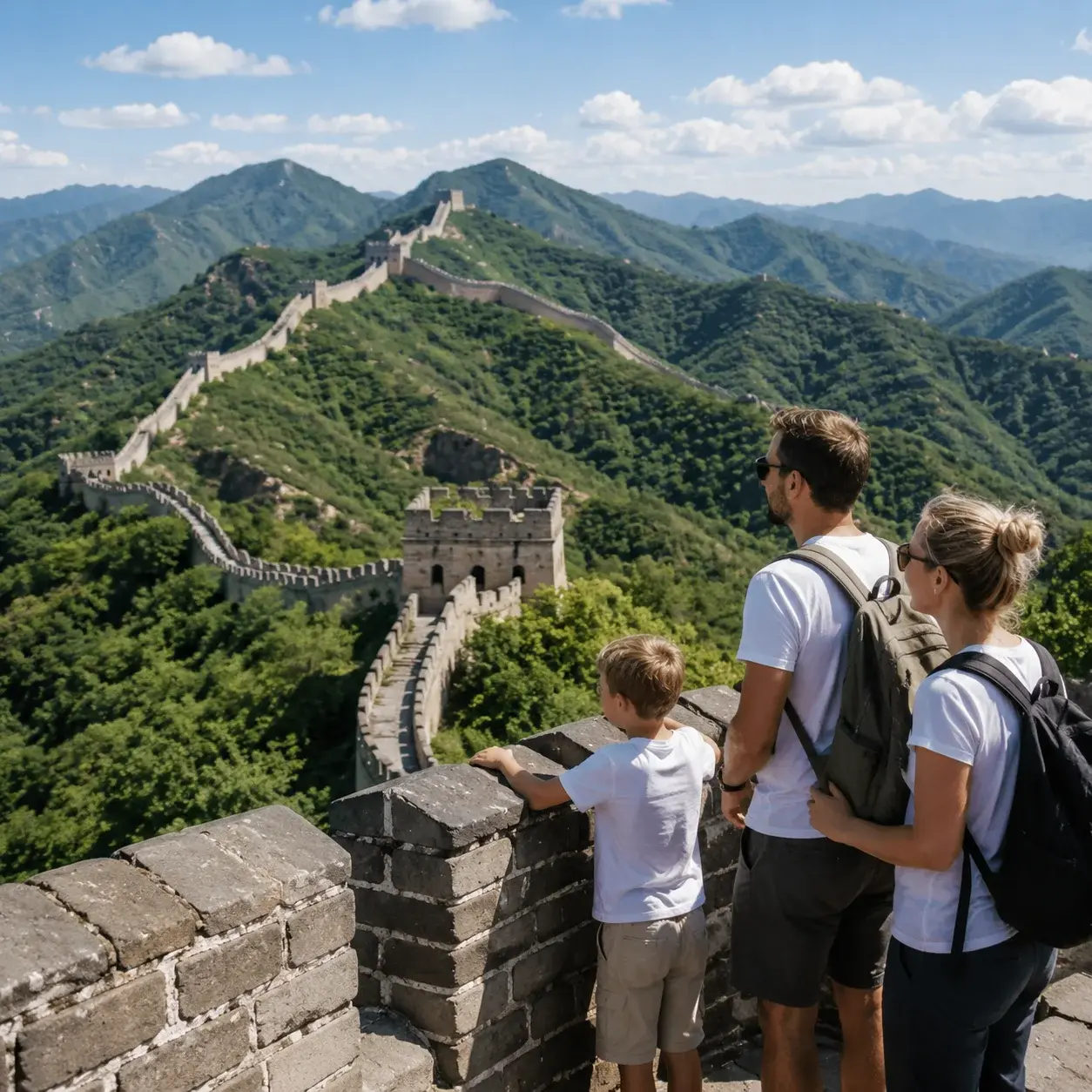 A family with a child stands on the Great Wall at Mutianyu as it winds over green forested mountains in bright afternoon light.