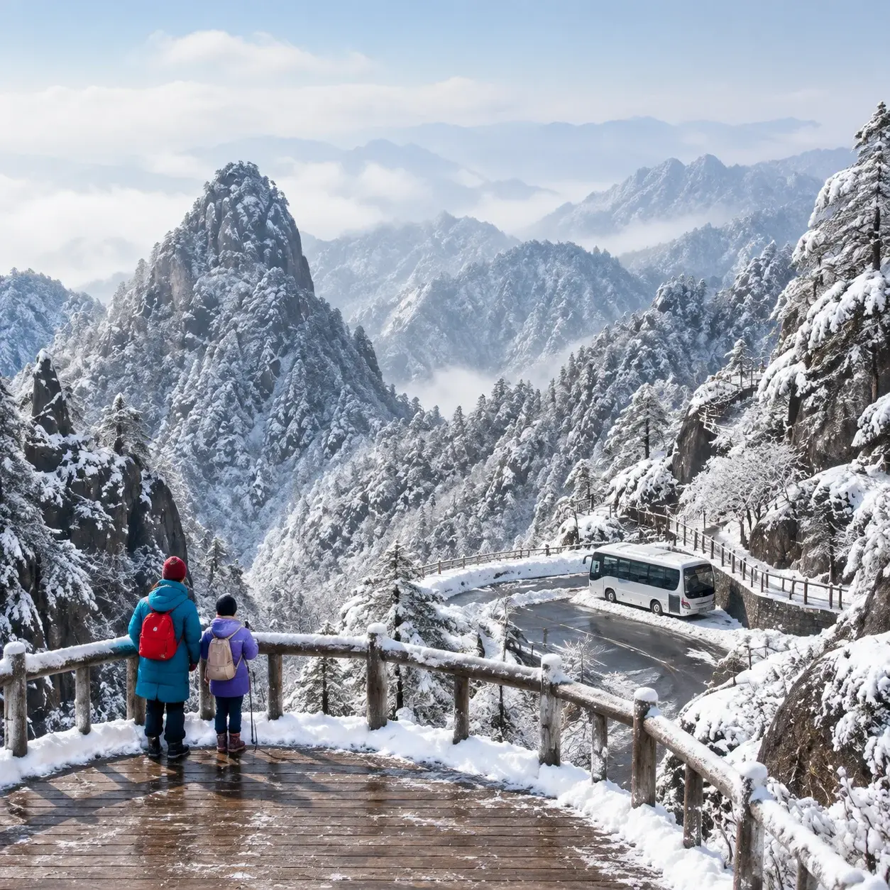 A snow-dusted viewing platform on the slopes of Changbai Mountain in winter