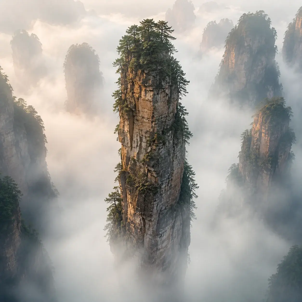 A lone Zhangjiajie sandstone pillar wrapped in mist, appearing to float, in the Yuanjiajie Avatar zone