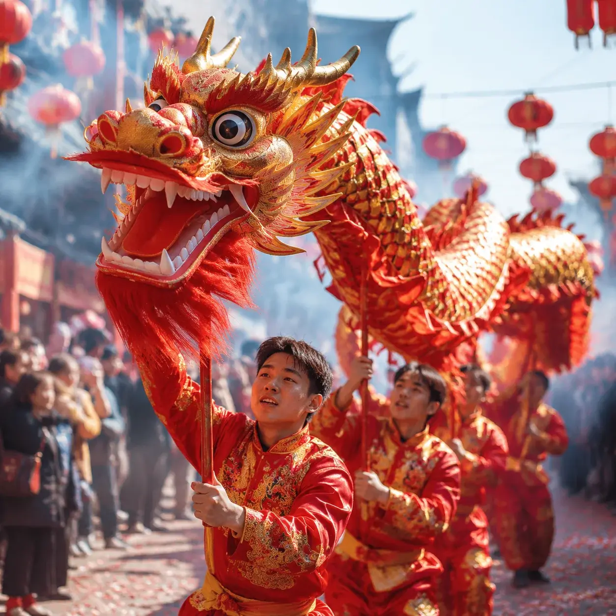 Performers carrying a red-and-gold dragon during a Chinese dragon dance