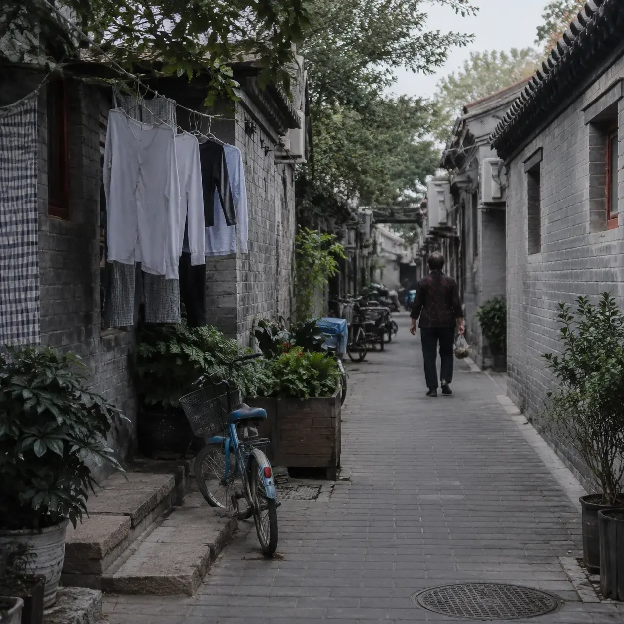 Quiet residential side-lane off Nanluoguxiang's main strip