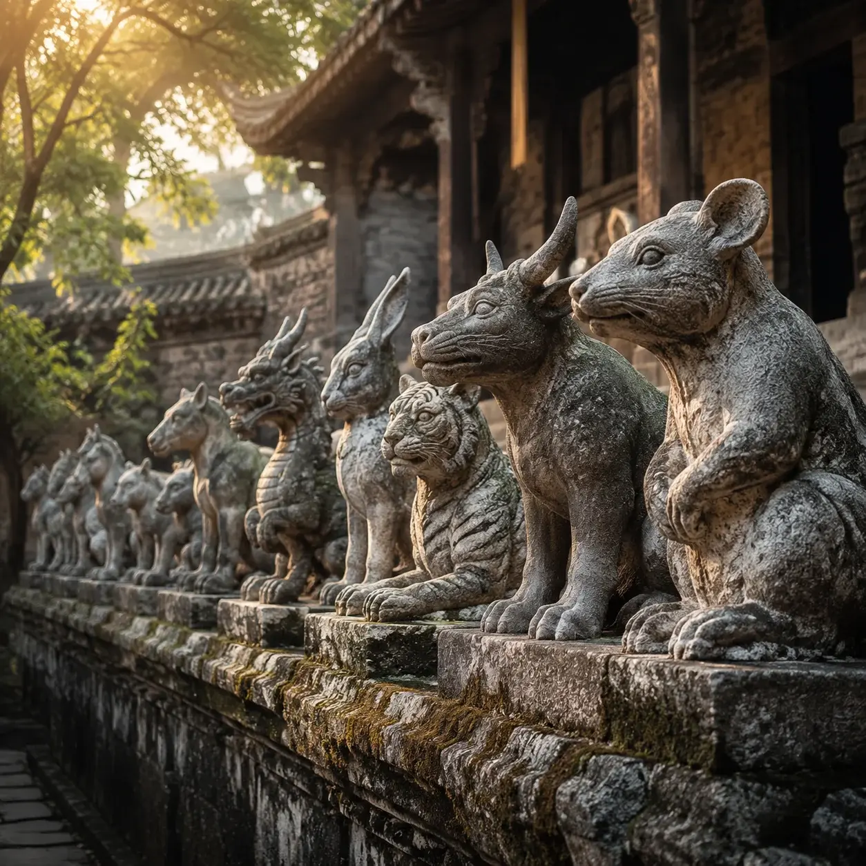 Row of carved stone Chinese zodiac animal statues in a temple courtyard