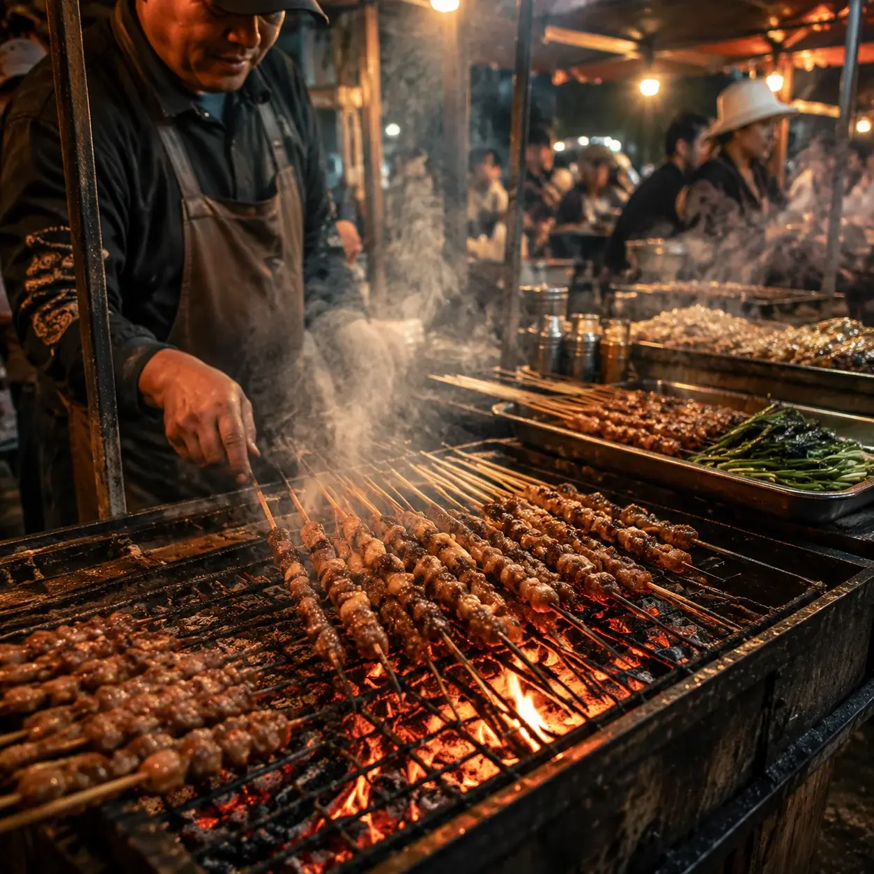Cumin-lamb skewers grilling over charcoal at a night market