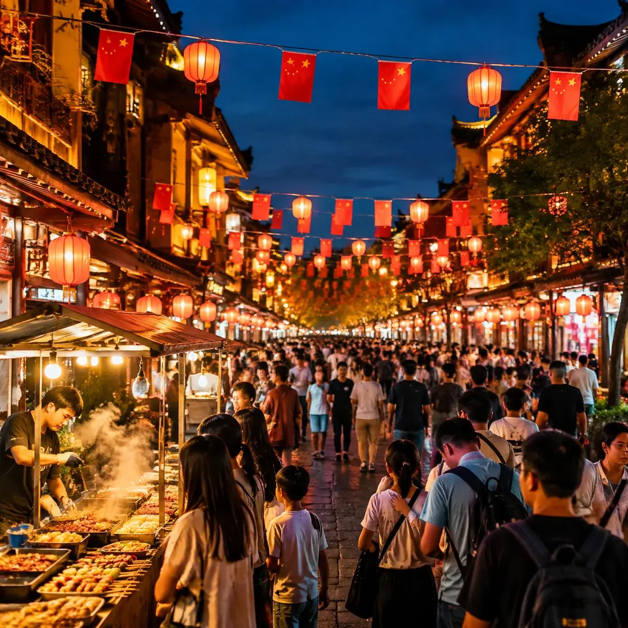 夜晚燈火通明、擠滿家庭遊客的中國步行購物街,國定假日商店照常營業