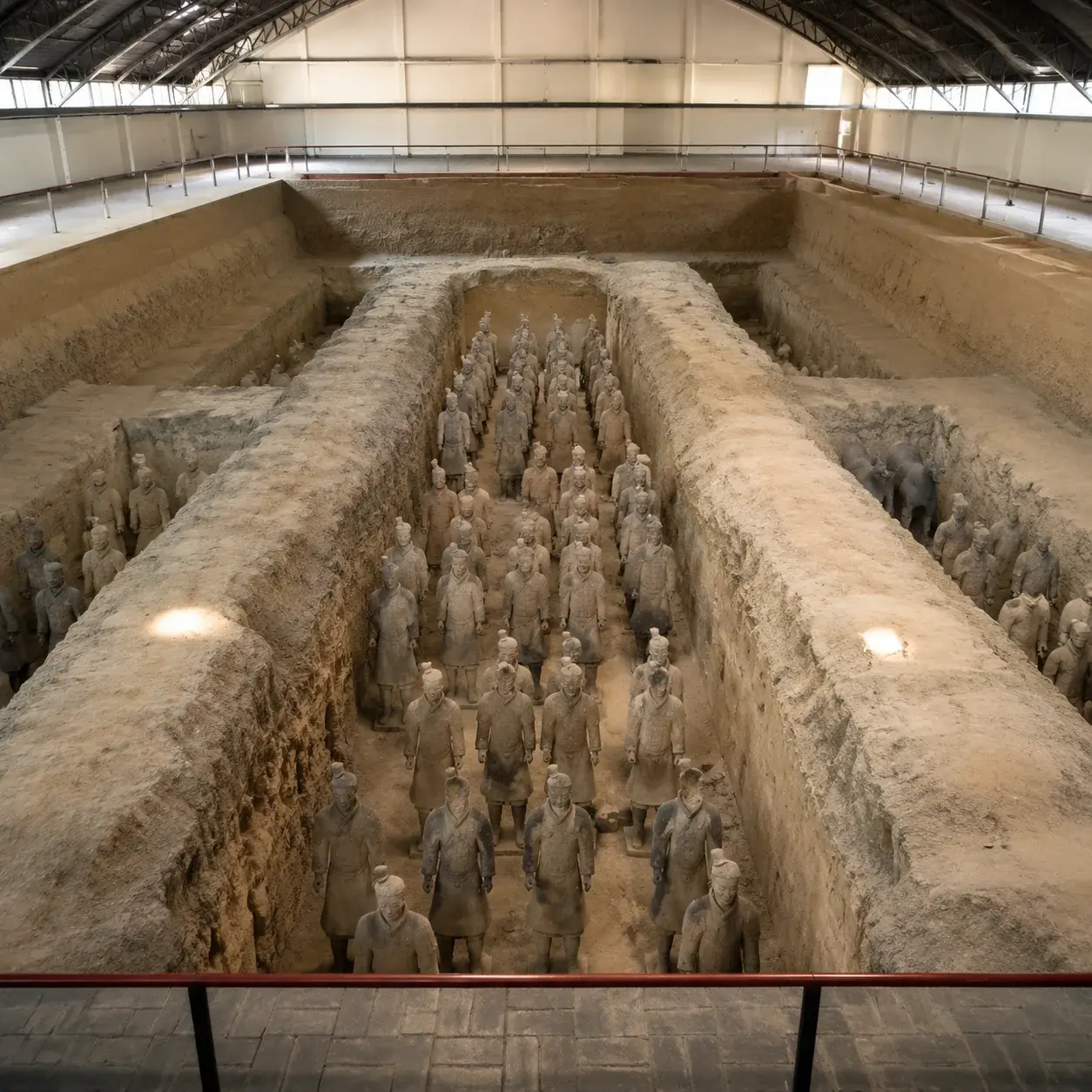 The small U-shaped excavation of Pit 3, the command post, at the Terracotta Warriors site near Xi'an