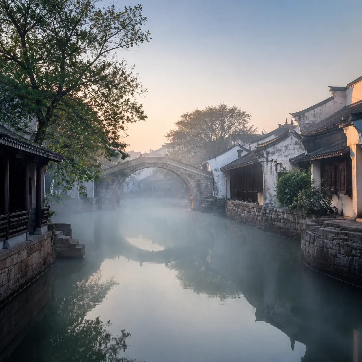 A quiet, misty water town canal at dawn before the crowds arrive