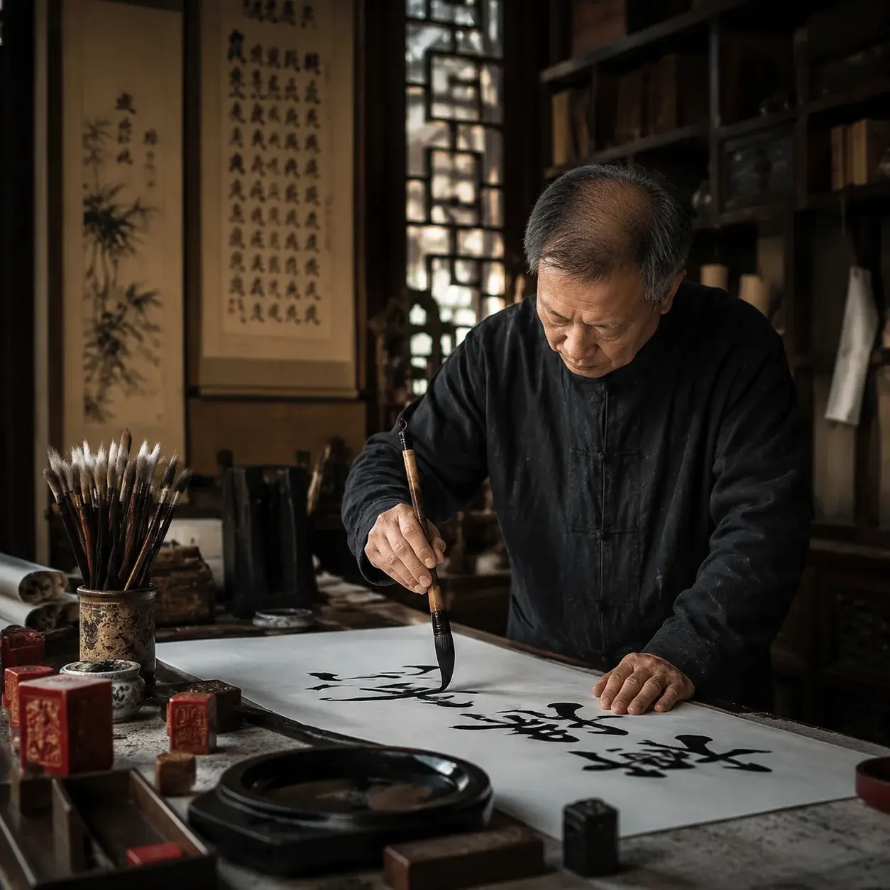 A Chinese calligrapher brushes black ink characters onto white paper at a wooden table inside a traditional art shop.