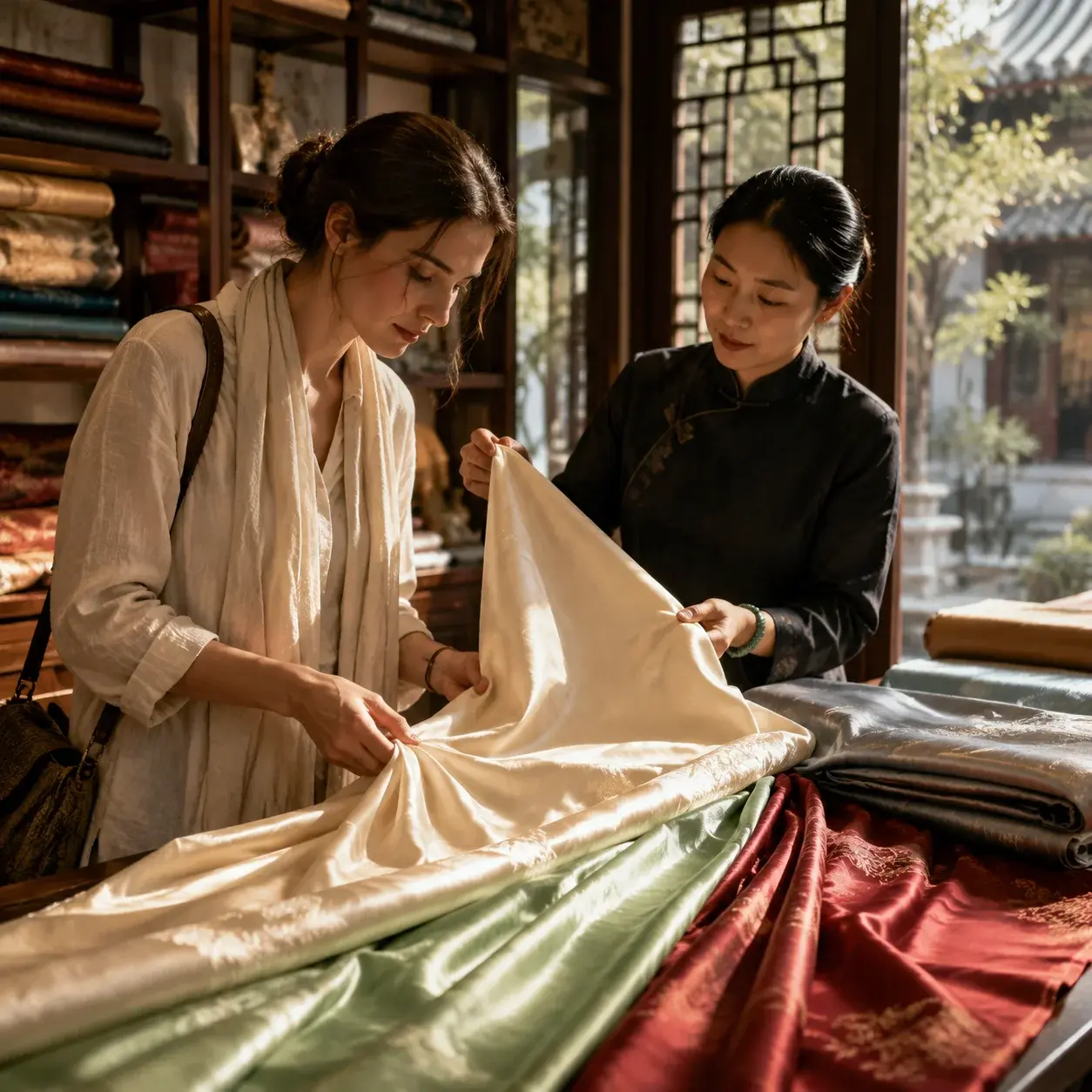 A traveler examines shimmering silk fabric on a wooden counter inside a traditional Suzhou silk shop.