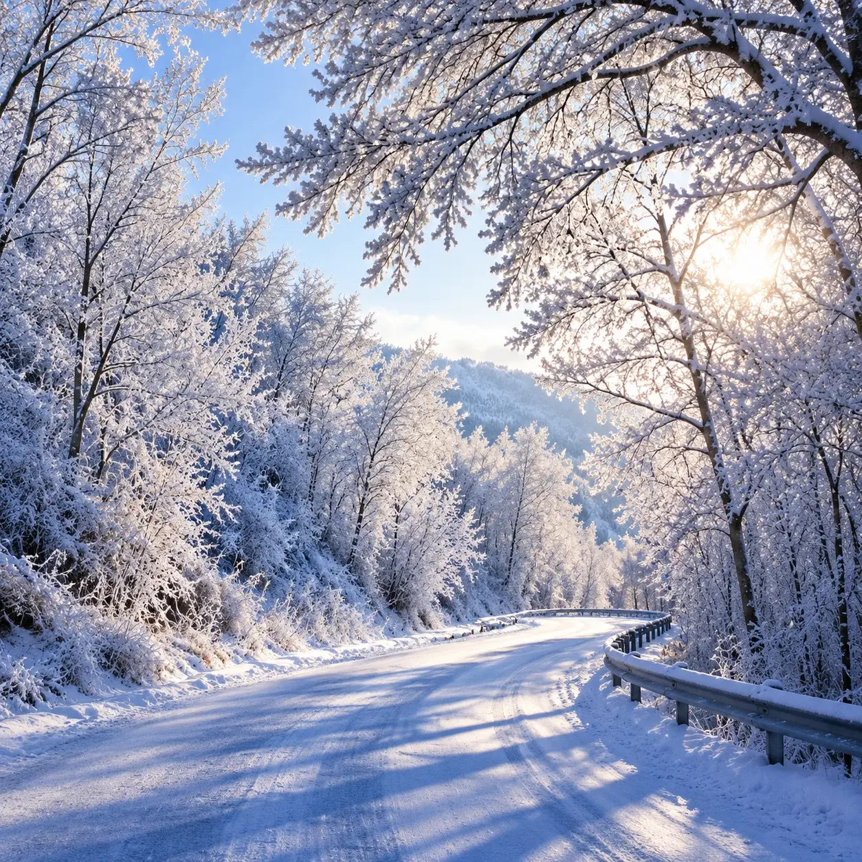 A snow-covered road passing through rime-coated forest in northeast China
