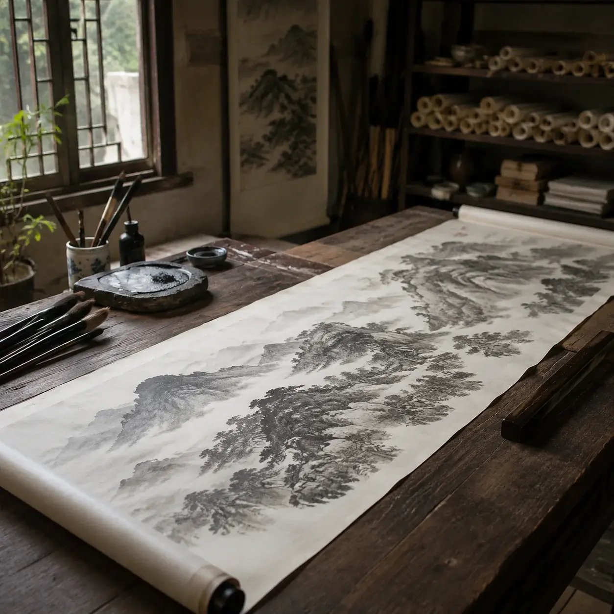 A traditional Chinese art studio with a partially unrolled shan shui ink landscape scroll on a wooden table beside brushes and an ink stone.
