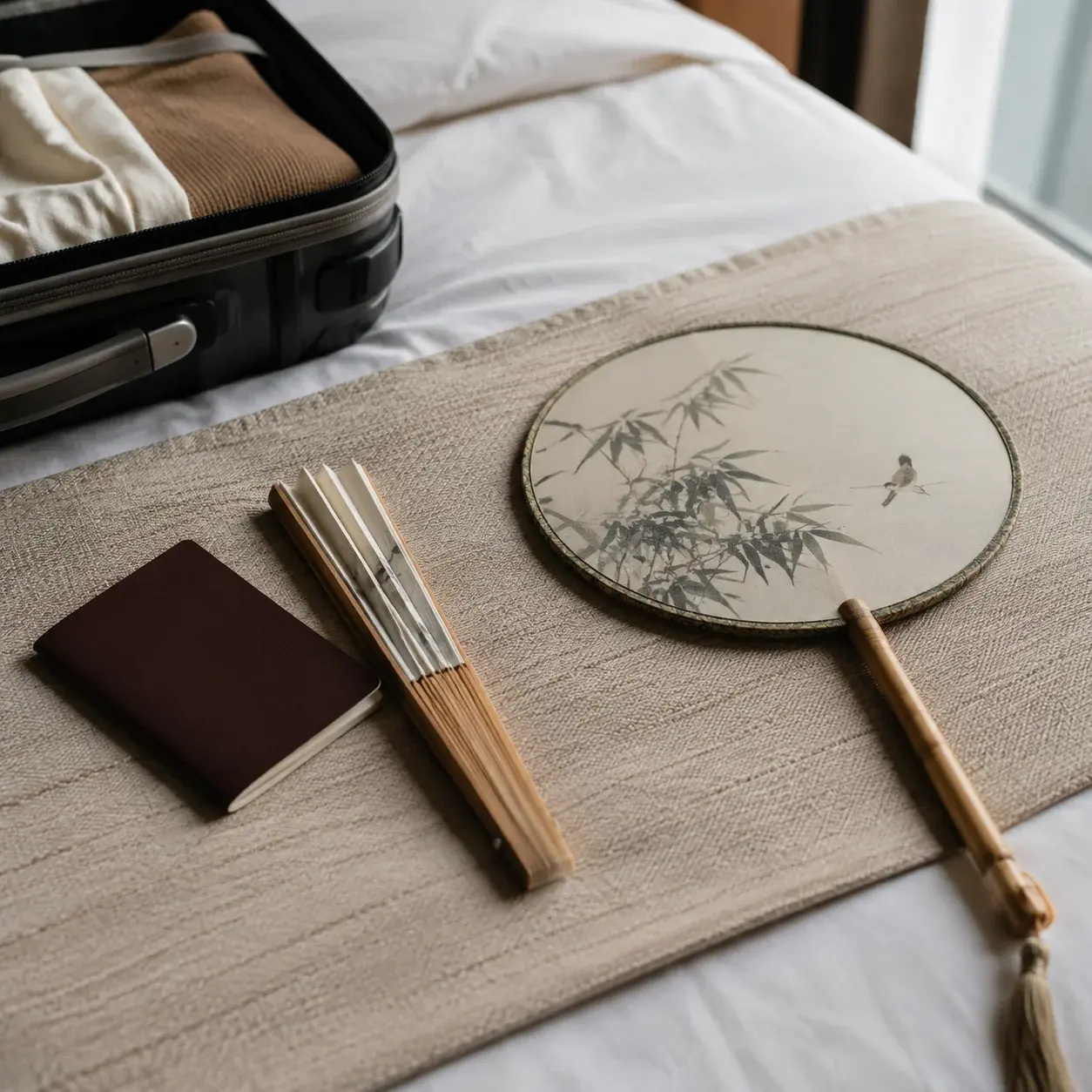A folded bamboo fan beside luggage contrasts with a larger round silk fan laid out on a packing surface.