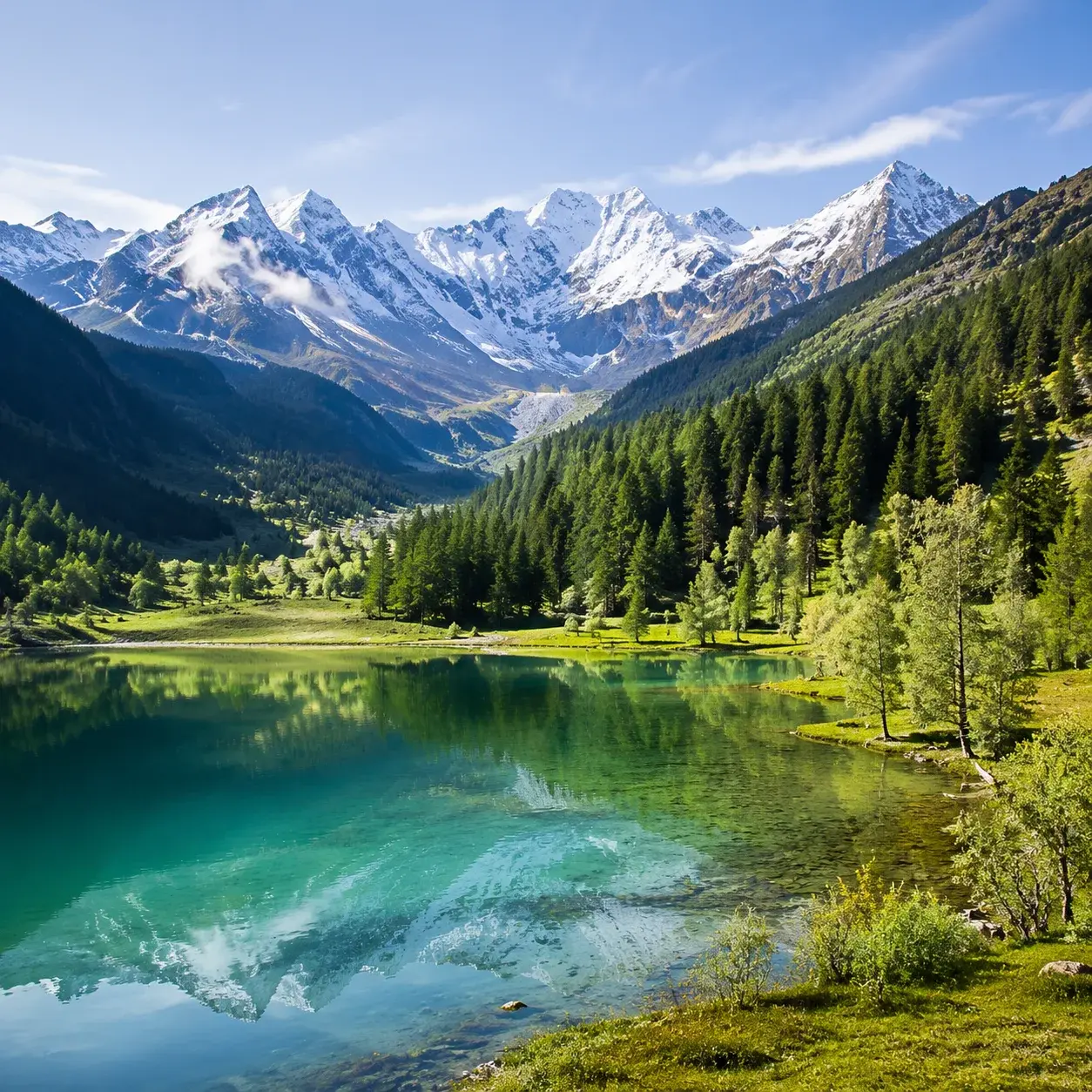 Alpensee und Wald in der Nähe von Basum Tso in Nyingchi – die Route mit der niedrigsten Höhenlage, am besten für ältere Reisende geeignet