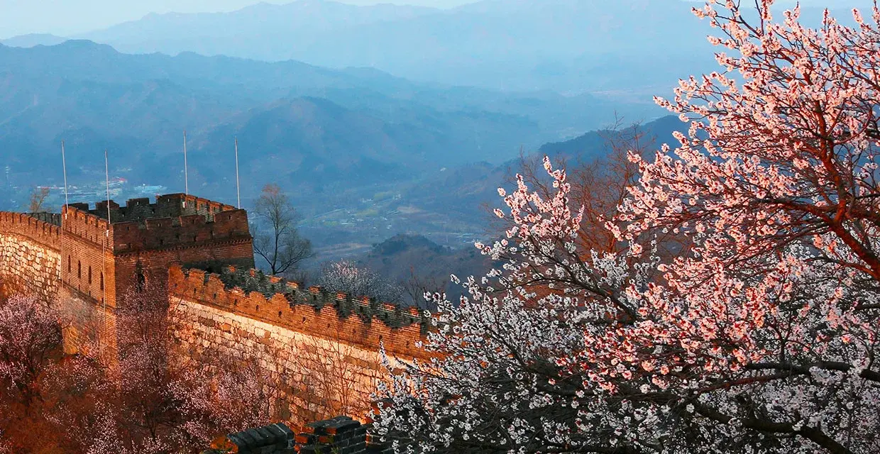 The Great Wall of China winding over forested mountains at Mutianyu