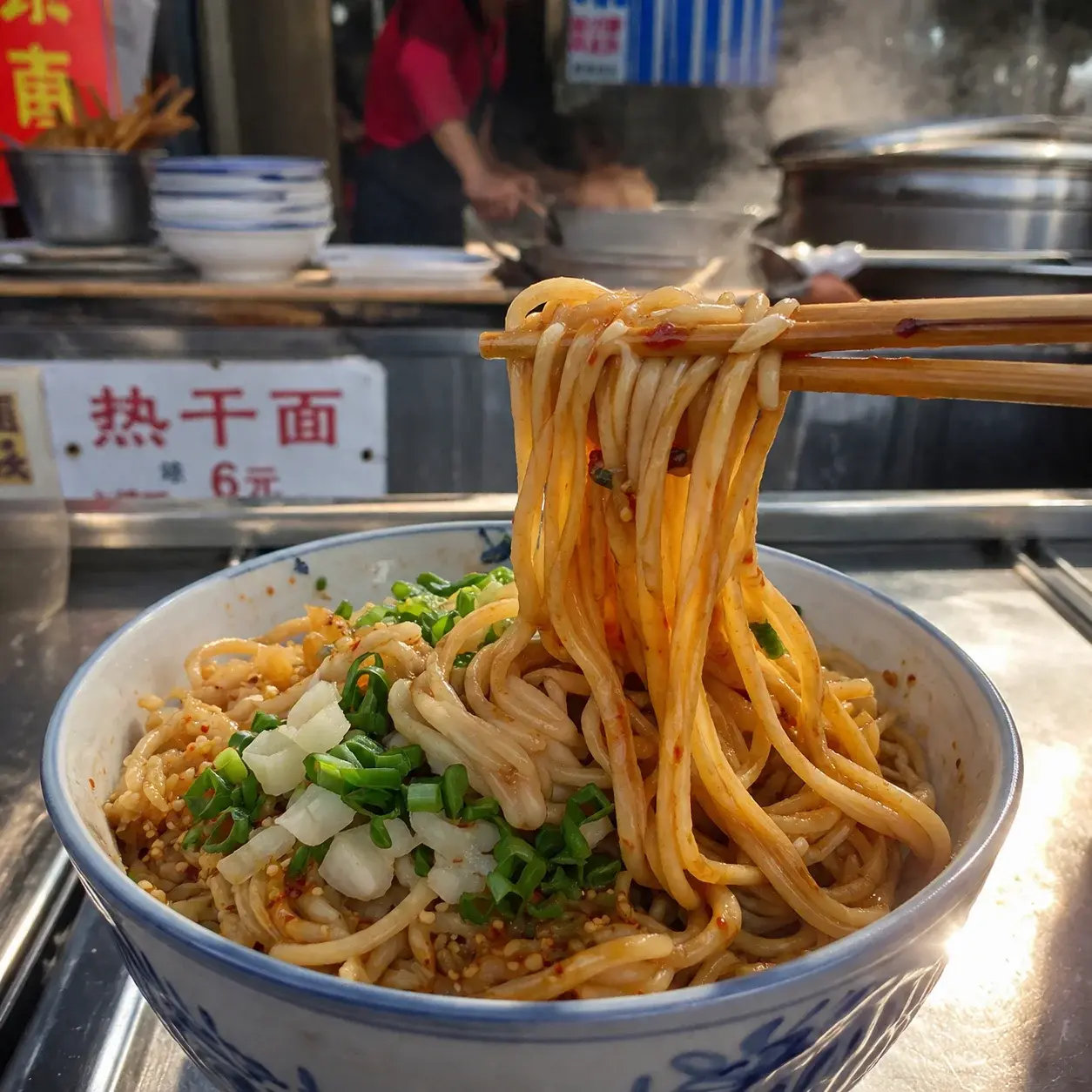 一碗武漢熱乾麵,拌上芝麻醬、醃蘿蔔和蔥花