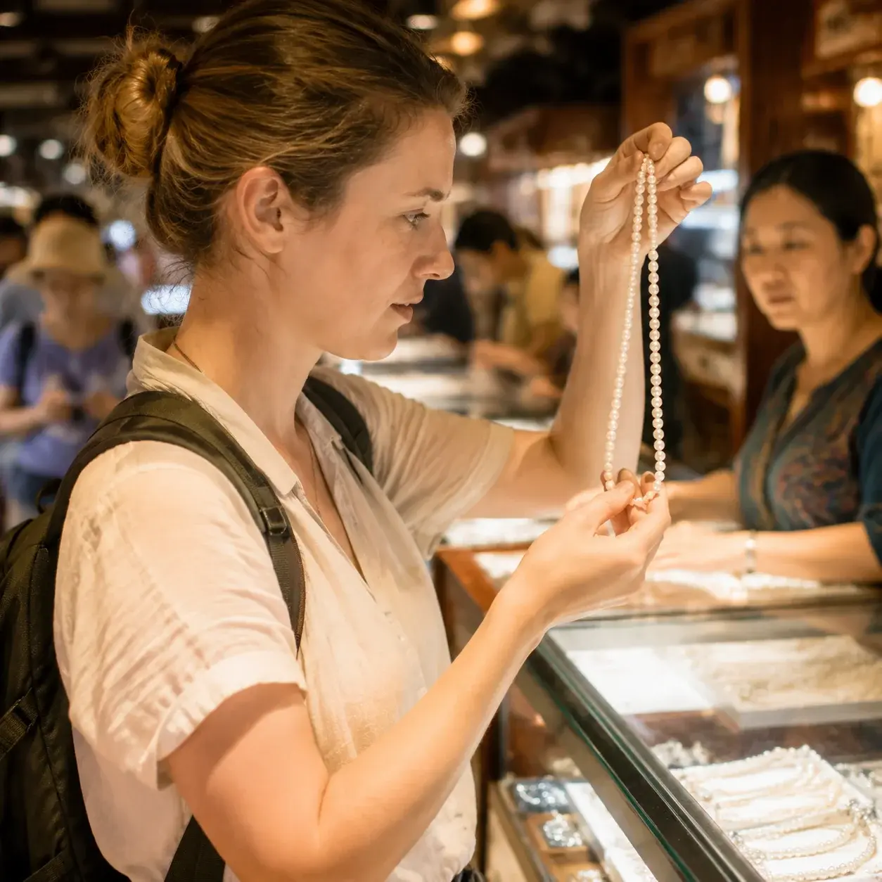 A shopper inspecting a pearl strand at a Hongqiao market stall