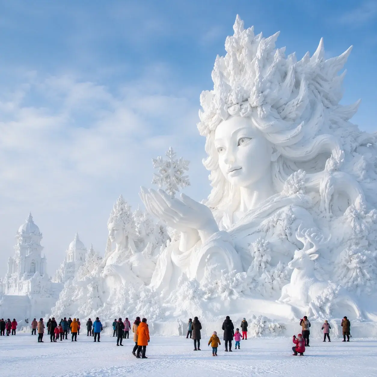 Monumental white snow sculptures under daytime winter sky at Harbin's Sun Island Snow Sculpture Expo