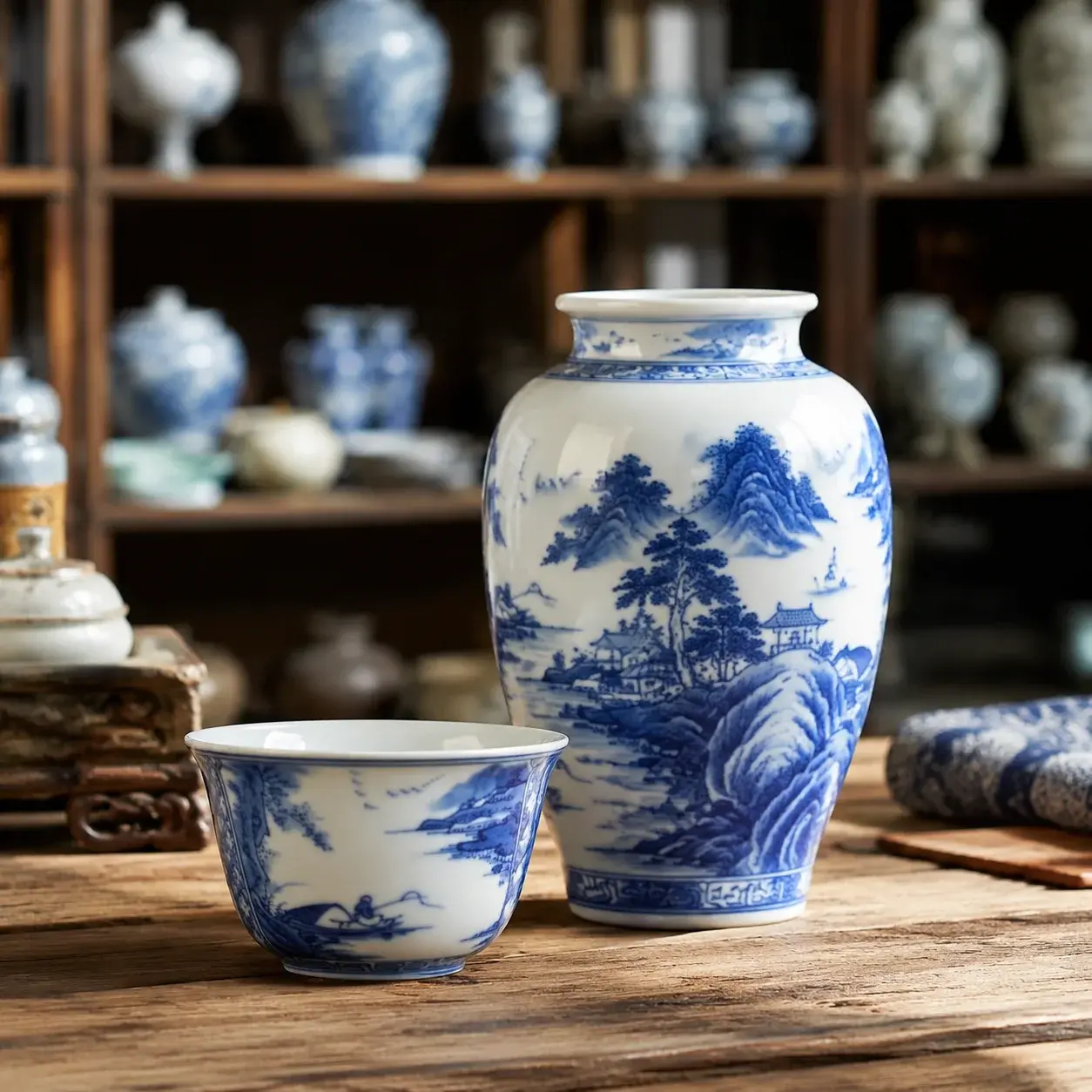 A hand-painted blue-and-white porcelain vase and bowl are displayed in a ceramic shop.