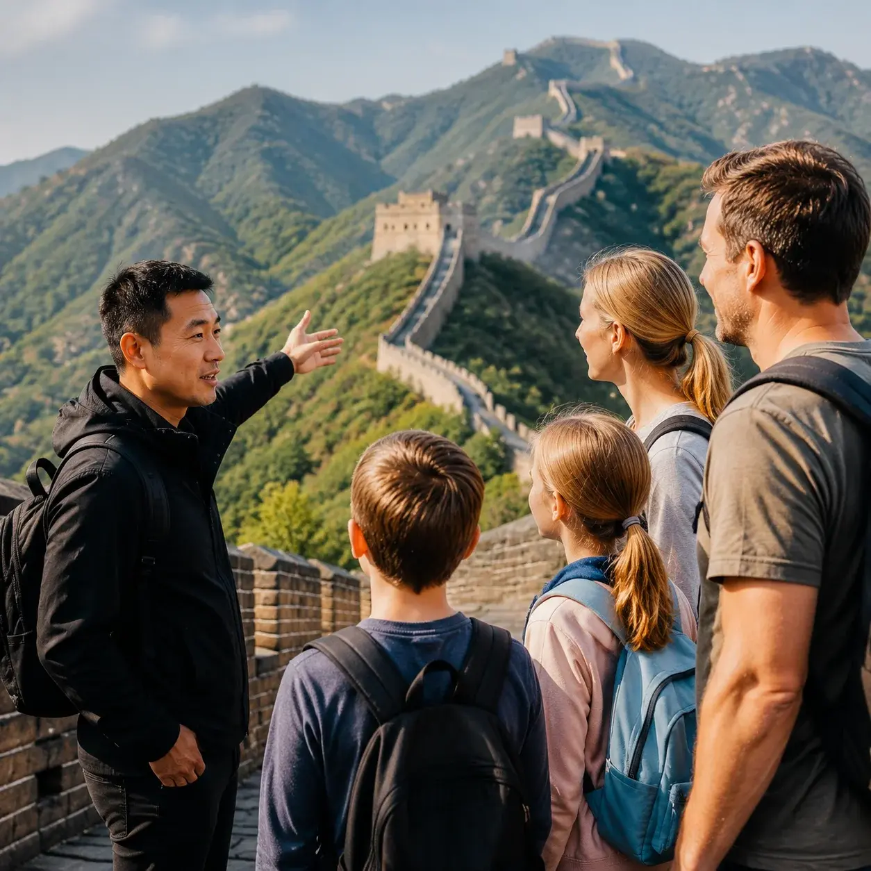A local guide showing a Western family with children a scenic viewpoint along the Great Wall of China