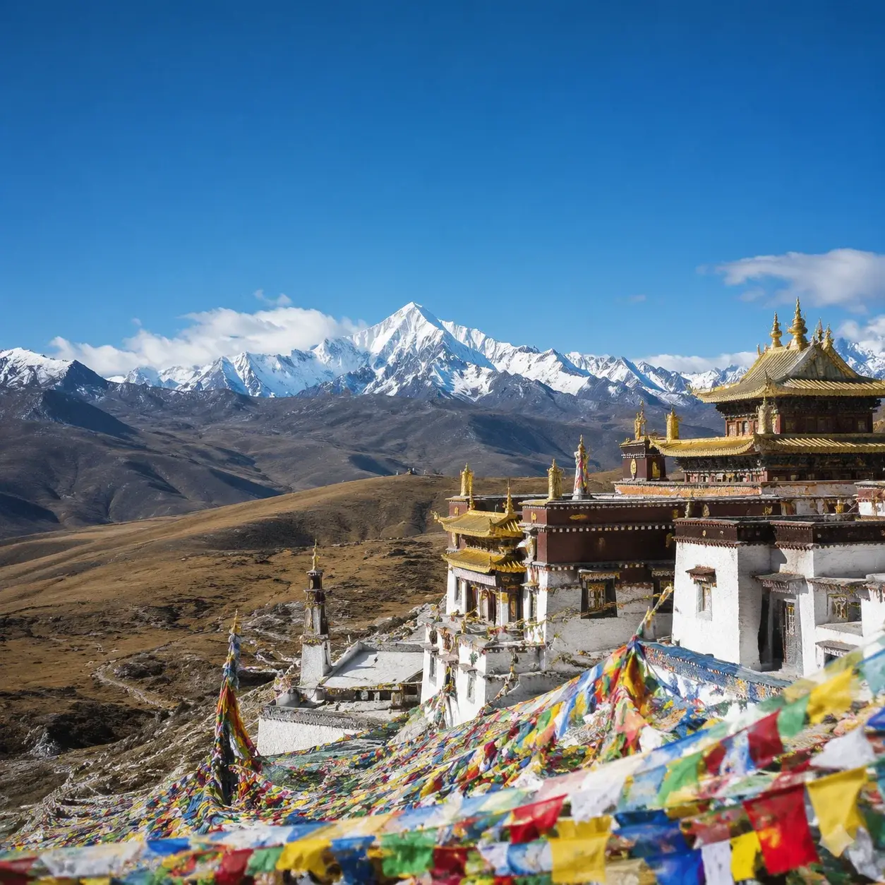 A golden-roofed Tibetan monastery and prayer flags on the high grassland near Shangri-La, Yunnan