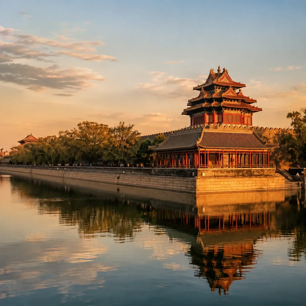 The Forbidden City corner tower and moat at golden hour, a popular hanfu photo location outside the ticketed area