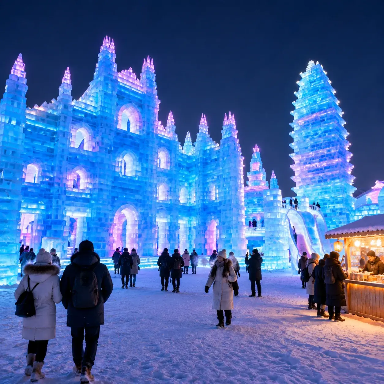 Visitors walking among giant glowing ice structures at the Harbin Ice and Snow Festival at night