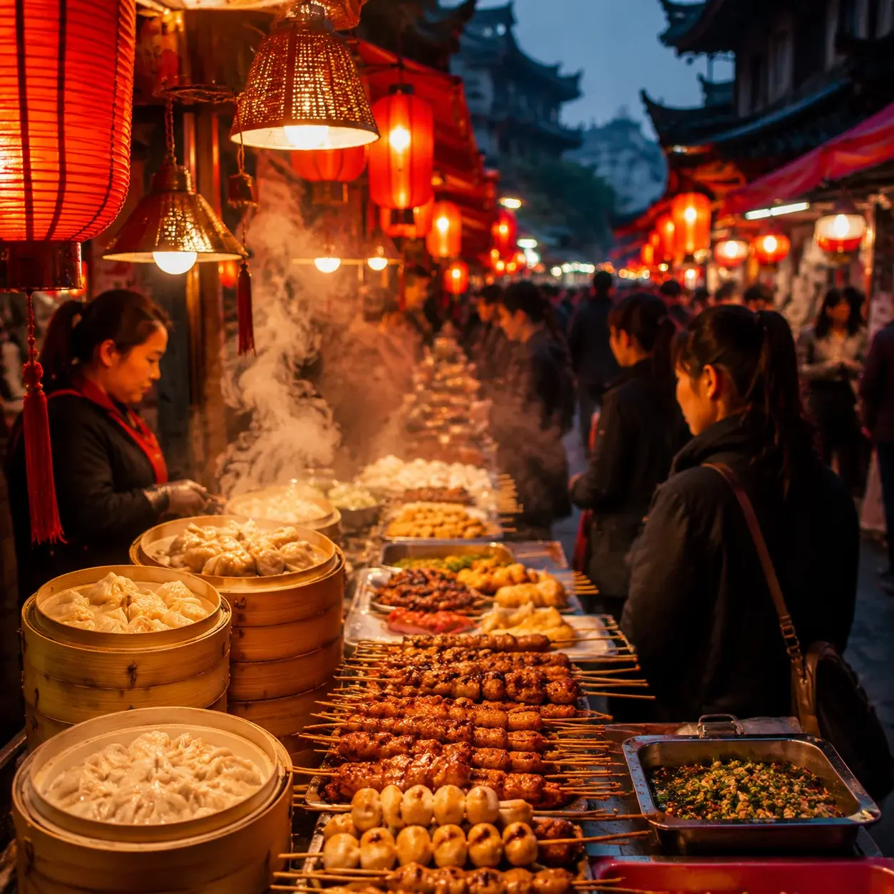 A bustling Chinese street food night market at dusk