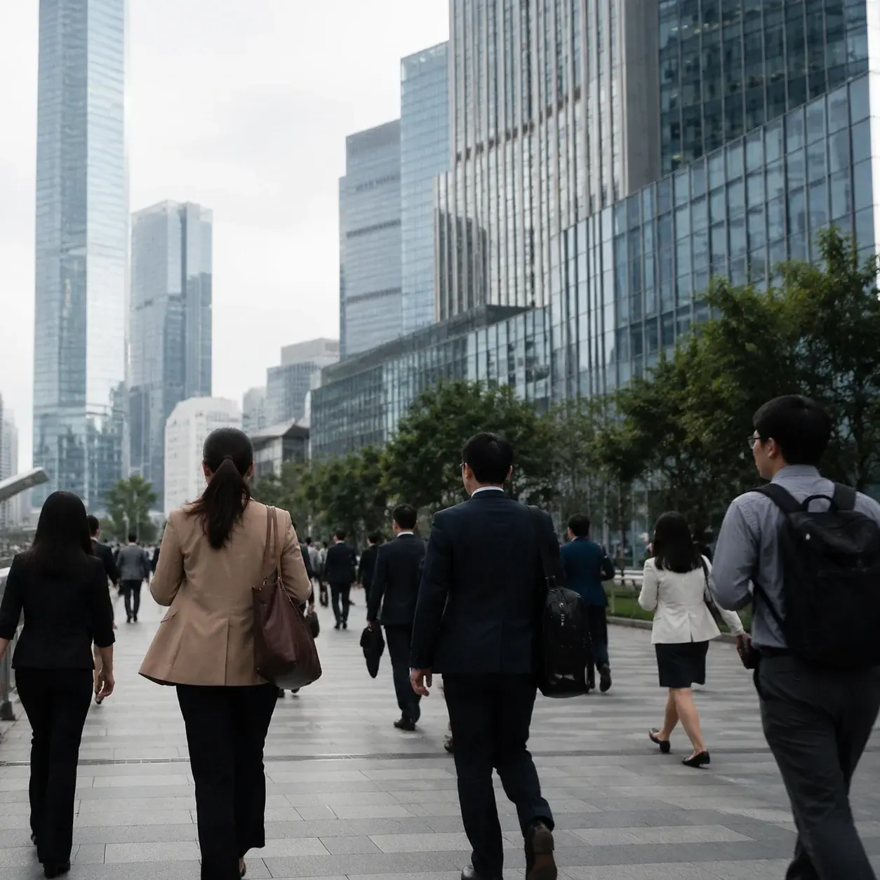 Commuters heading to work in a Chinese business district on a make-up workday