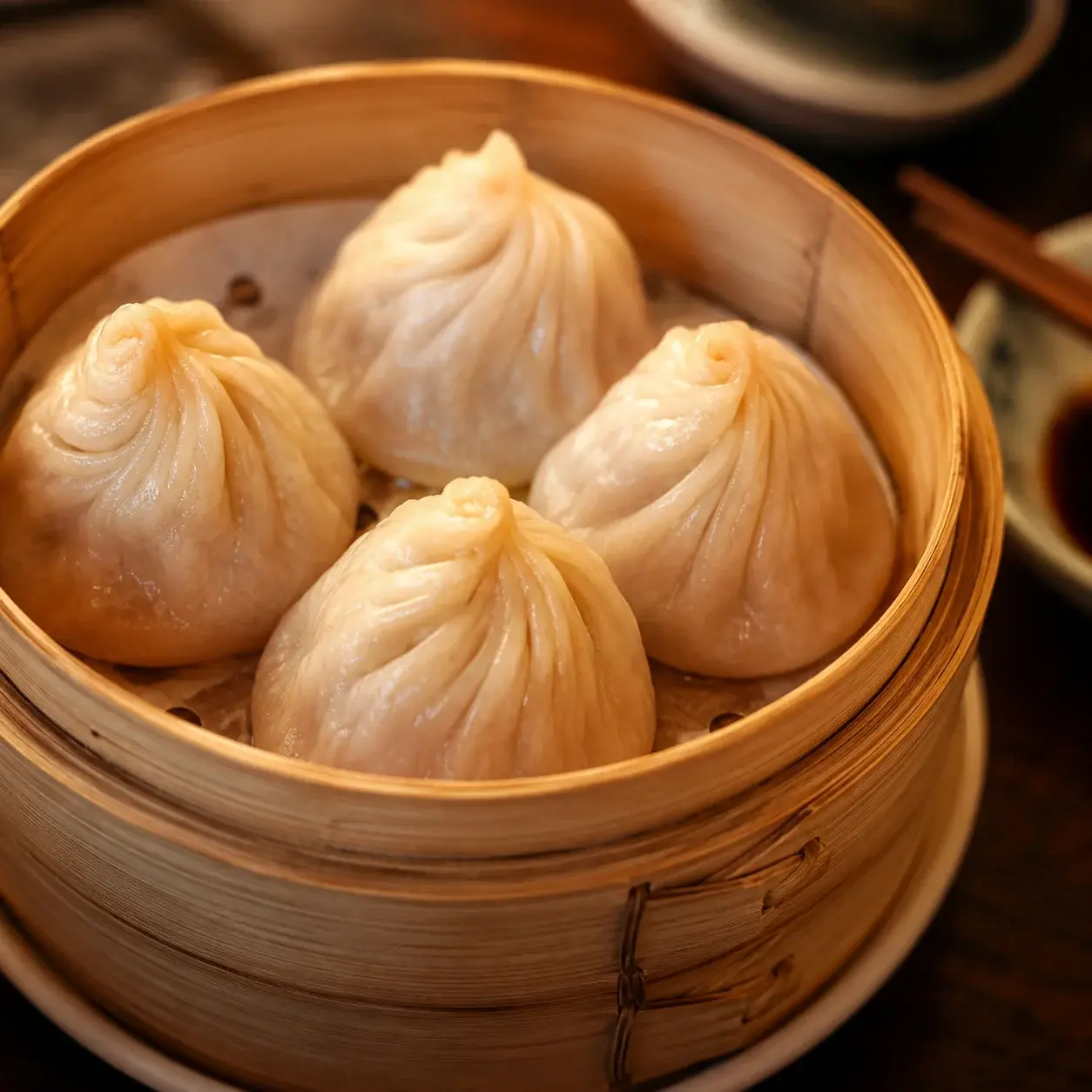A steamer basket of Shanghai-style xiaolongbao soup dumplings