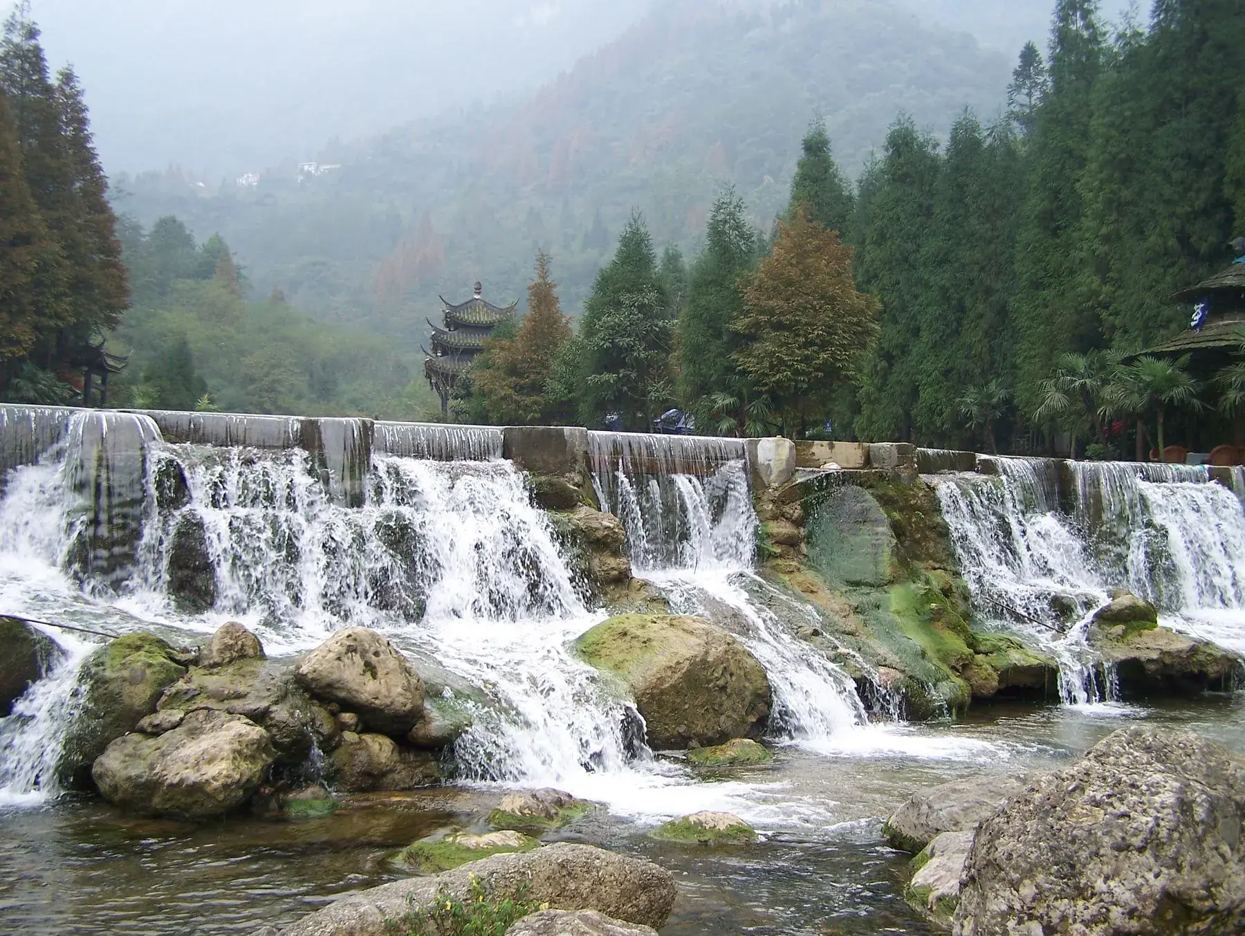 A stream falling through the forest beside the path up Mount Qingcheng