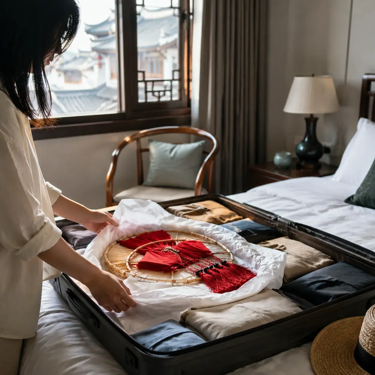 A traveler packs a folded red silk lantern carefully into a suitcase on a hotel bed.