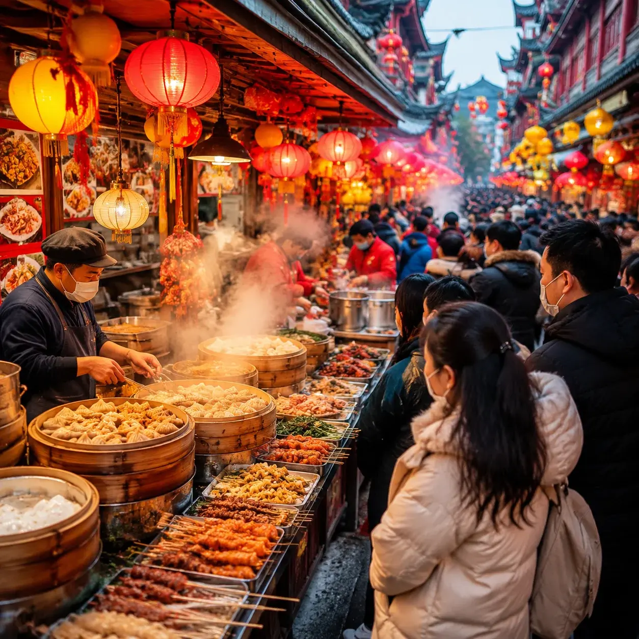 A bustling Chinese food street