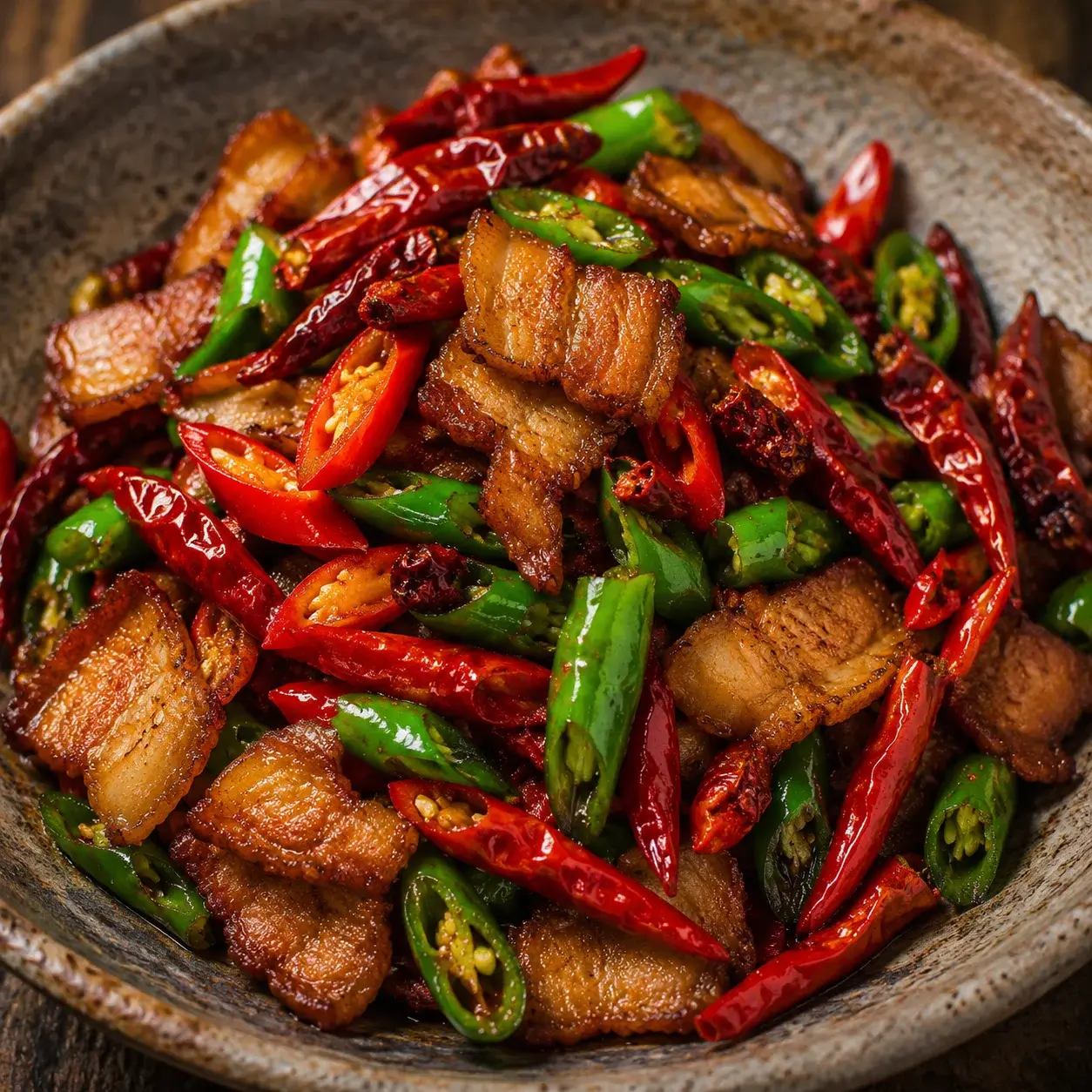 Dry-fried Hunan pork with fresh chilies