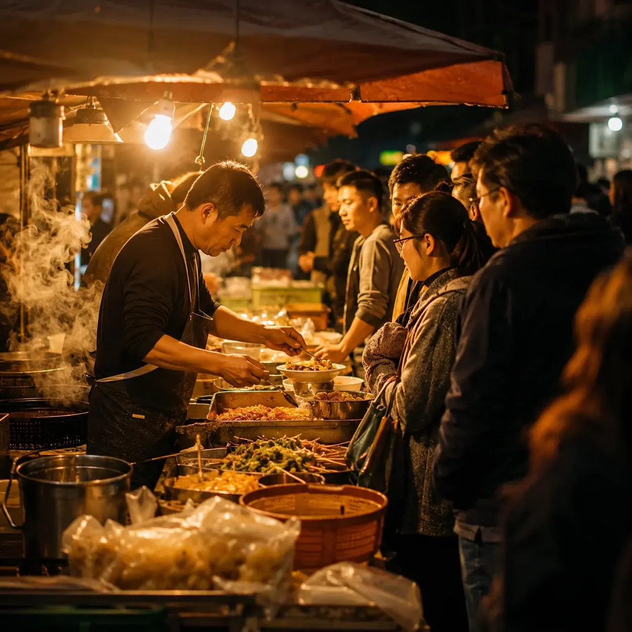A busy, high-turnover night-market stall
