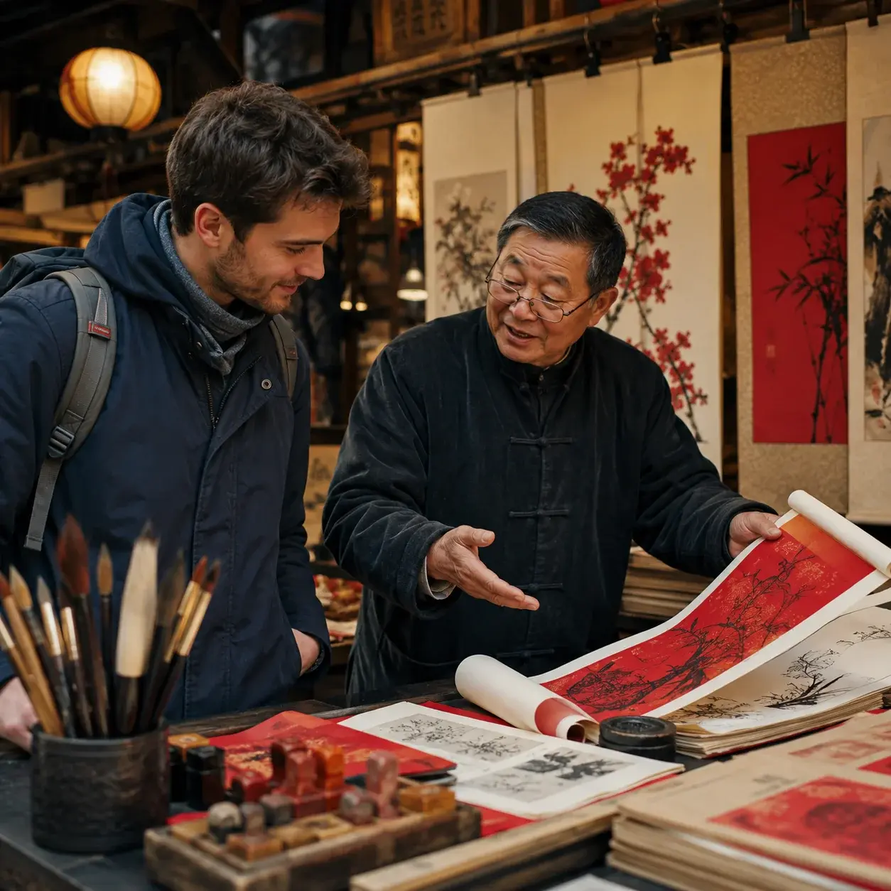 A traveler and a shopkeeper look over calligraphy scroll options at a market counter in China.