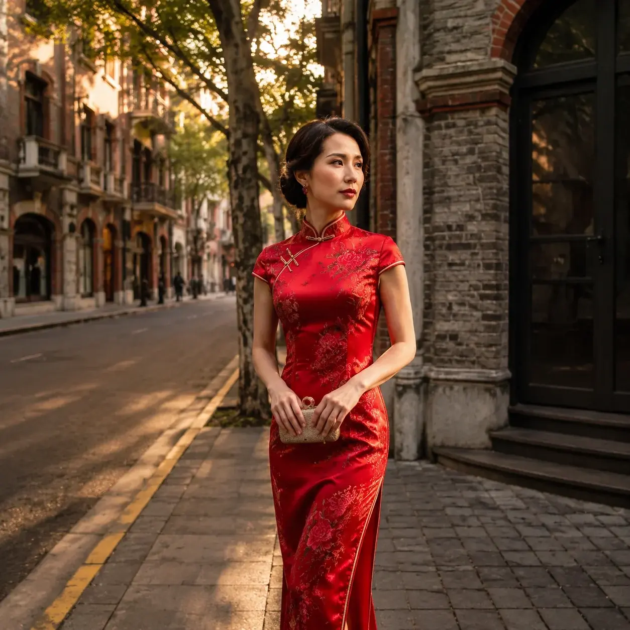 A woman in a red silk qipao stands on a historic Shanghai street, showing the dress's high collar and fitted silhouette.