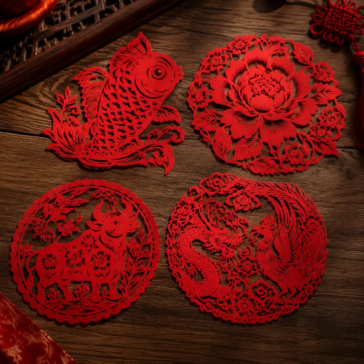 A selection of handmade red Chinese paper cuttings showing symbolic motifs like fish, flowers, and zodiac animals