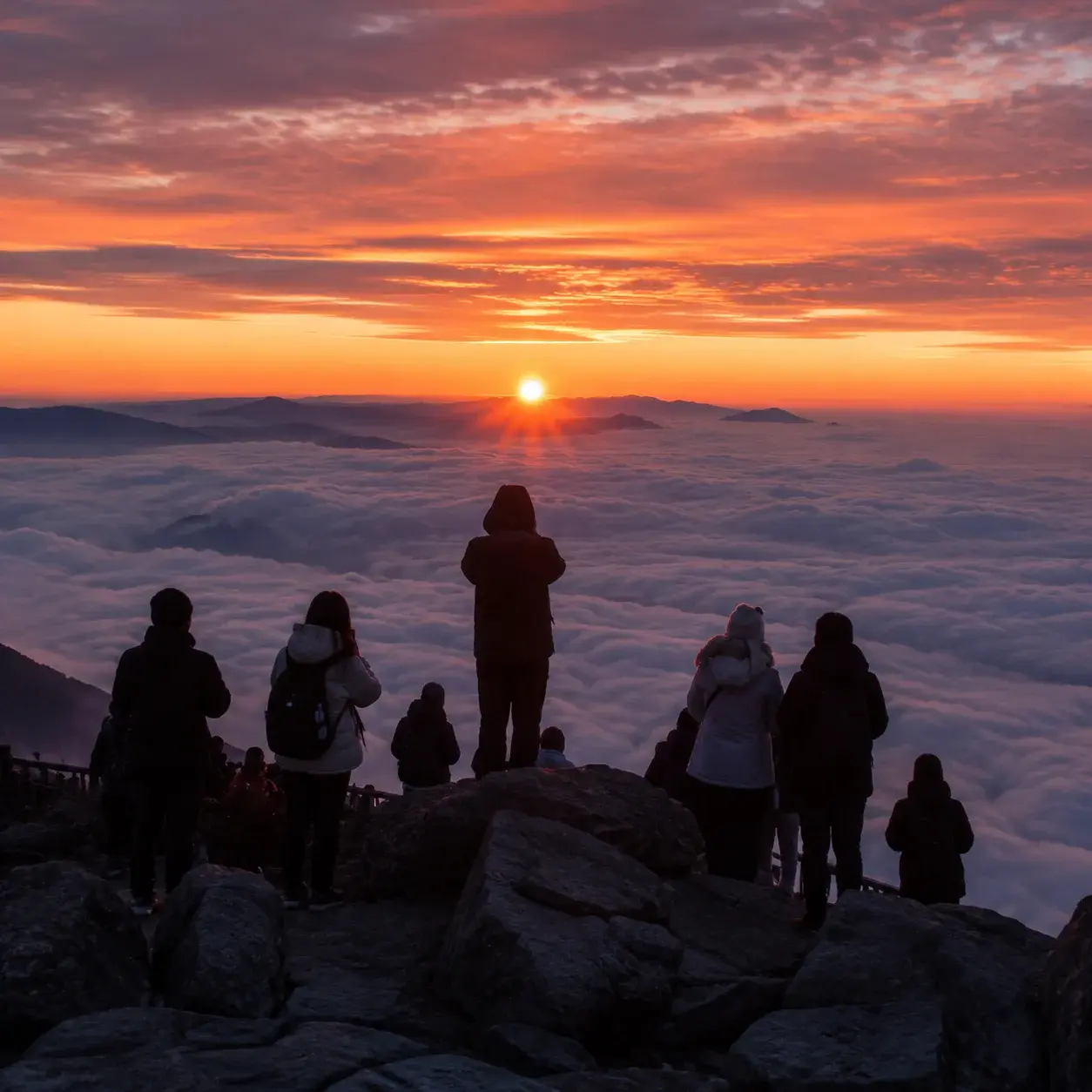 Travelers watching sunrise over a sea of clouds from Mount Tai's summit