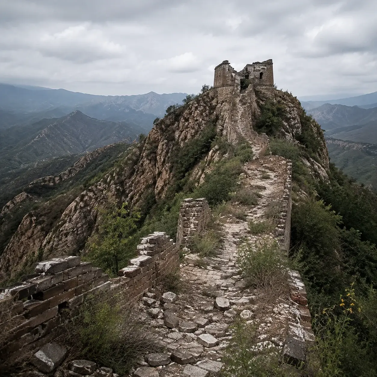 A crumbling unrestored stretch of the wild Great Wall of China with a ruined watchtower on a rocky ridge