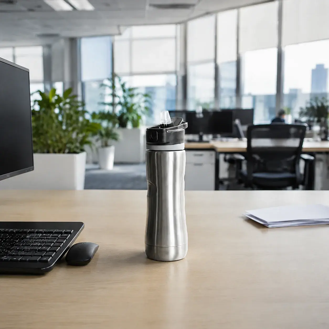 A stainless steel vacuum flask on an office desk — the everyday object behind the hot-water habit