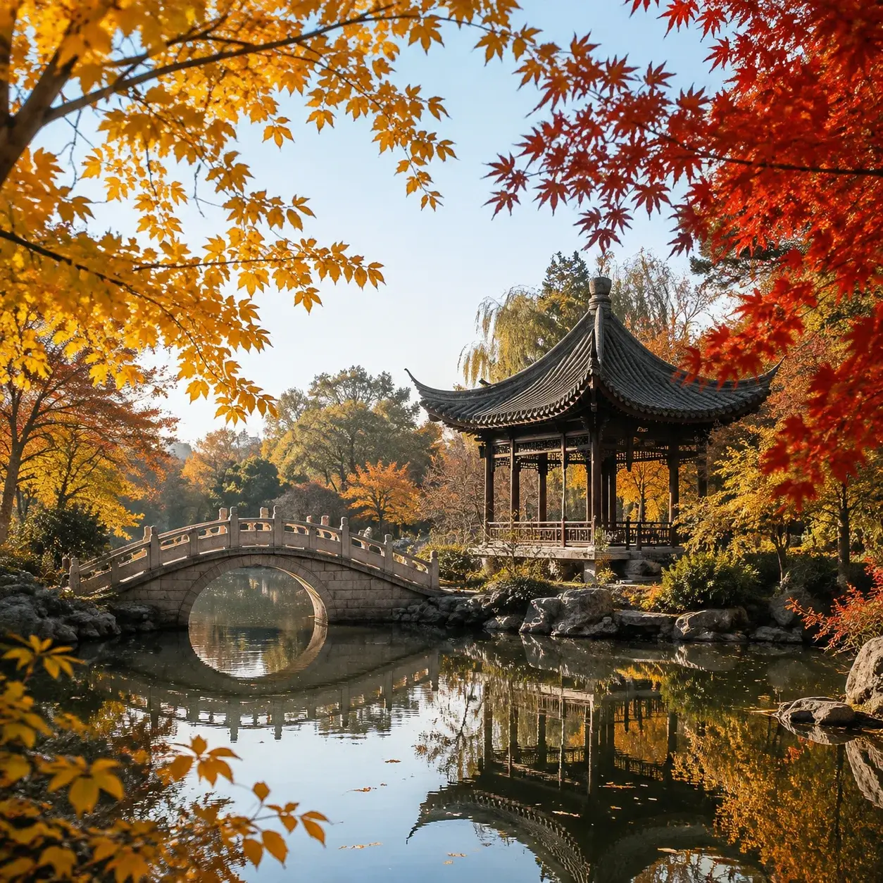 黃金秋葉映襯著古典中式花園中的一座寧靜石橋和涼亭,假期人潮已散去