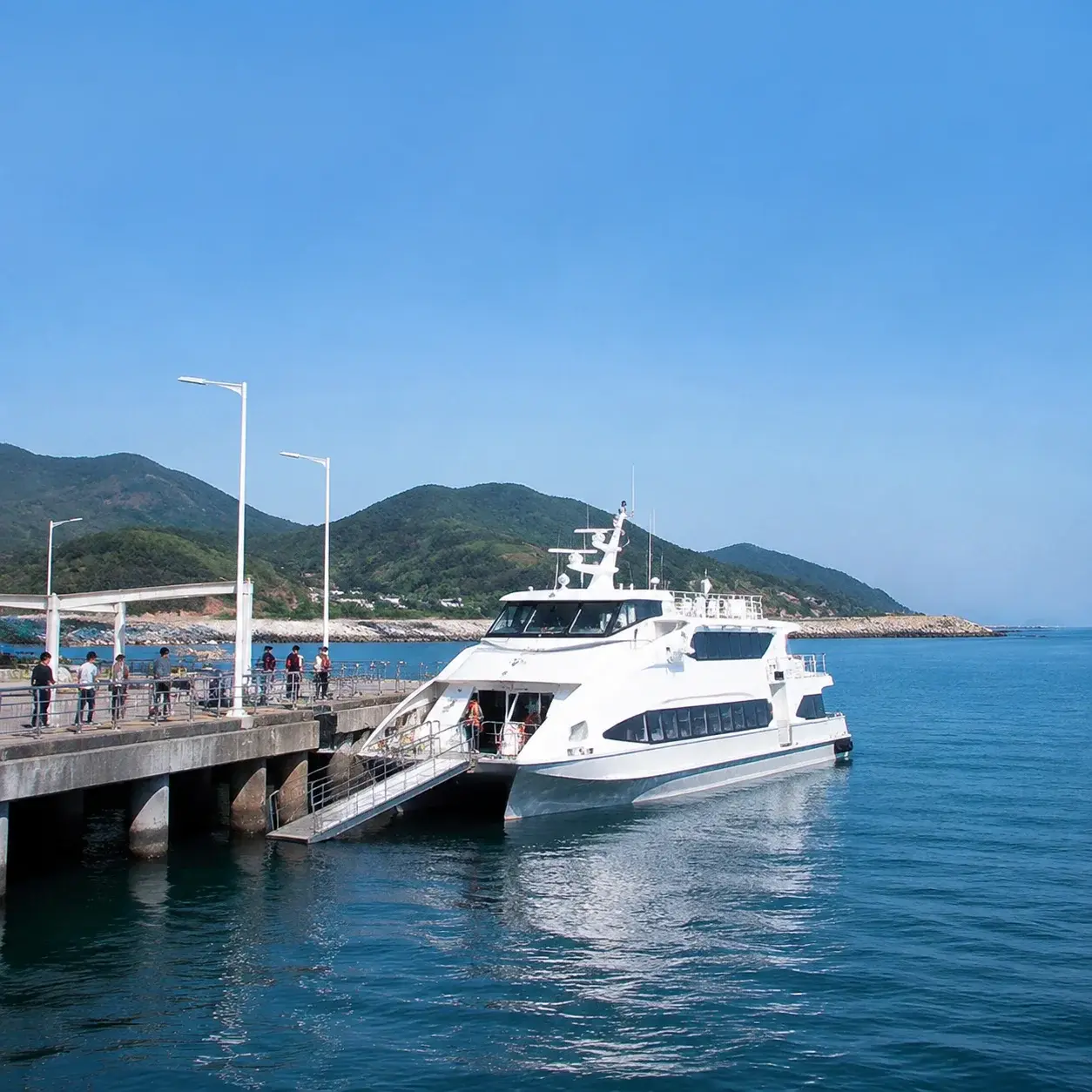 A passenger ferry terminal on the Fujian coast — the Kinmen–Xiamen crossing takes about 30 minutes