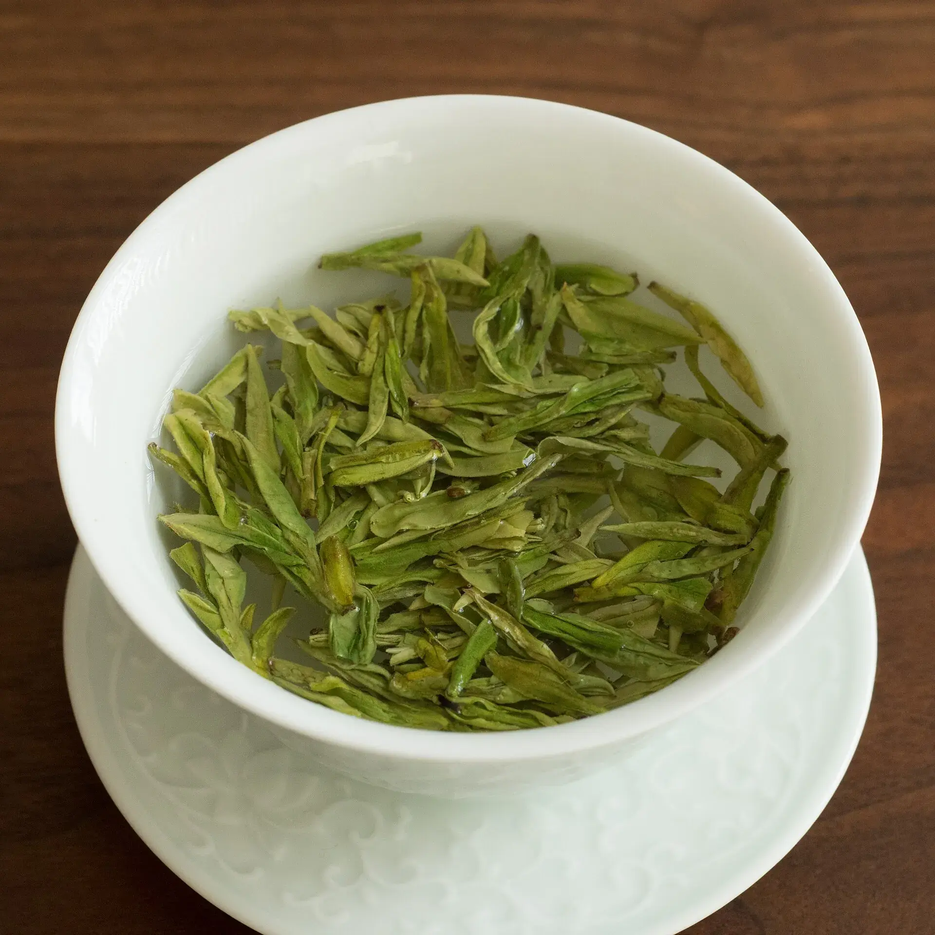 Whole tea leaves opening in a white gaiwan