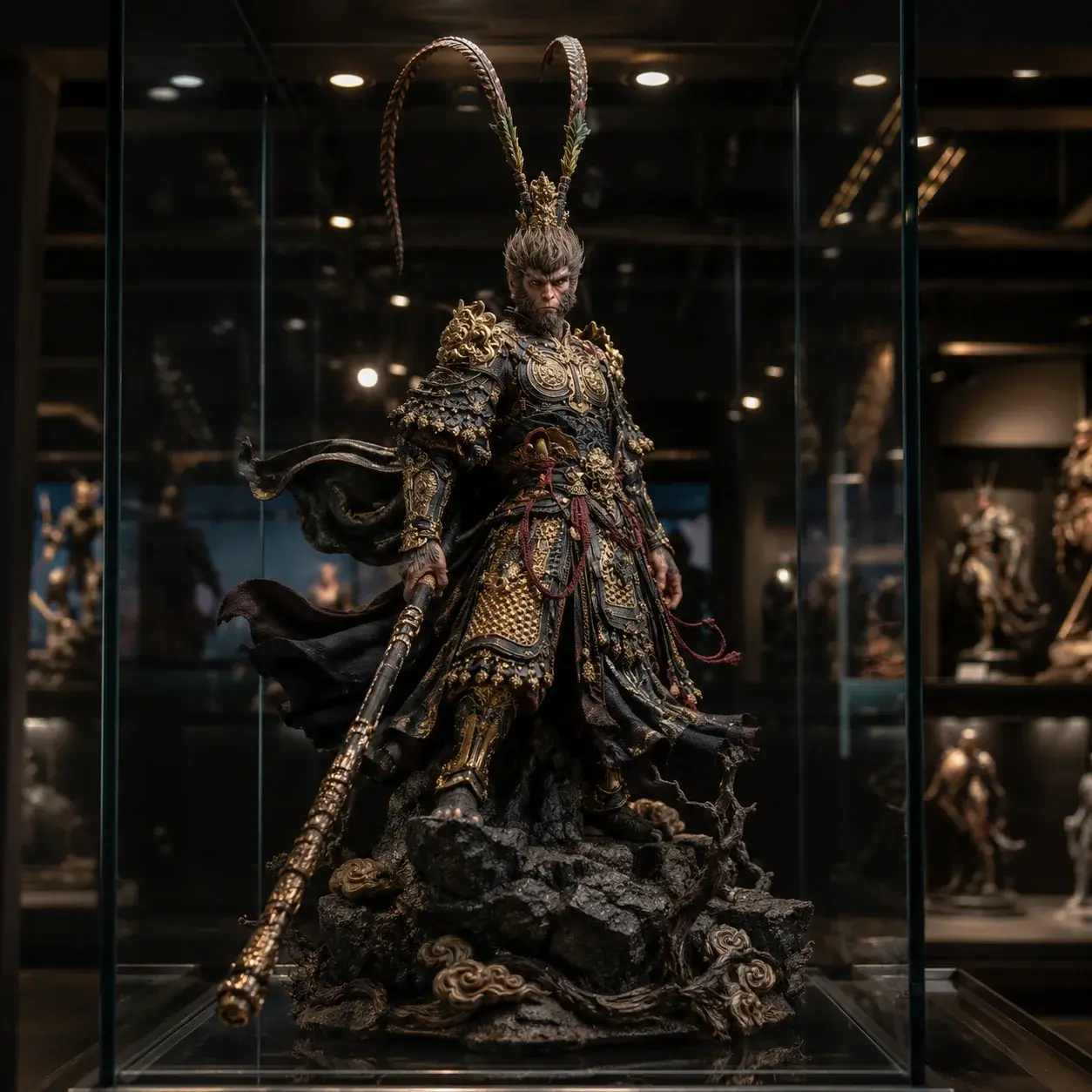 A detailed Sun Wukong collector statue posed inside a glass display case in a modern collectibles shop.